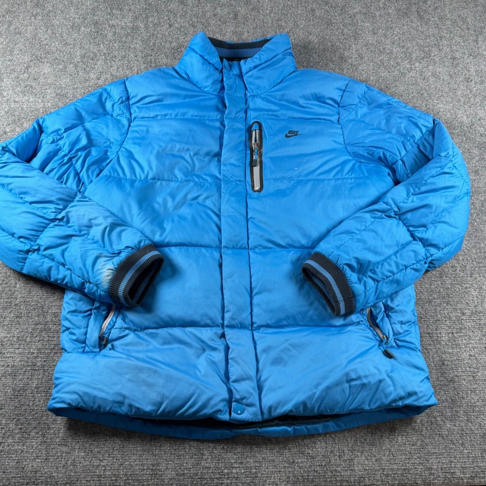 Nike Puffer Jacket Mens L Blue Down Fill Quilted Full Zip Winter Coat Read